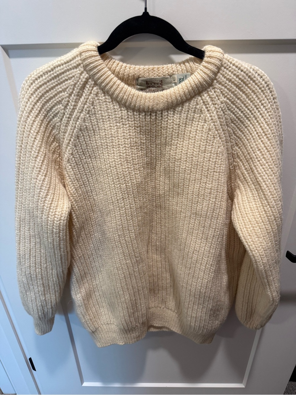 Aran Sweater Market 100% Wool Fisherman Rib Knit Crewneck Sweater Ivory Size L
